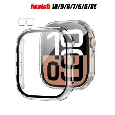 2er-Pack Hülle für Apple Watch-Zubehör, 42 mm, 46 mm, Serie 10/9/8/7/6/5/4/SE, harter PC-Stoßfänger aus gehärtetem Glas, iWatch-Displayschutz Image