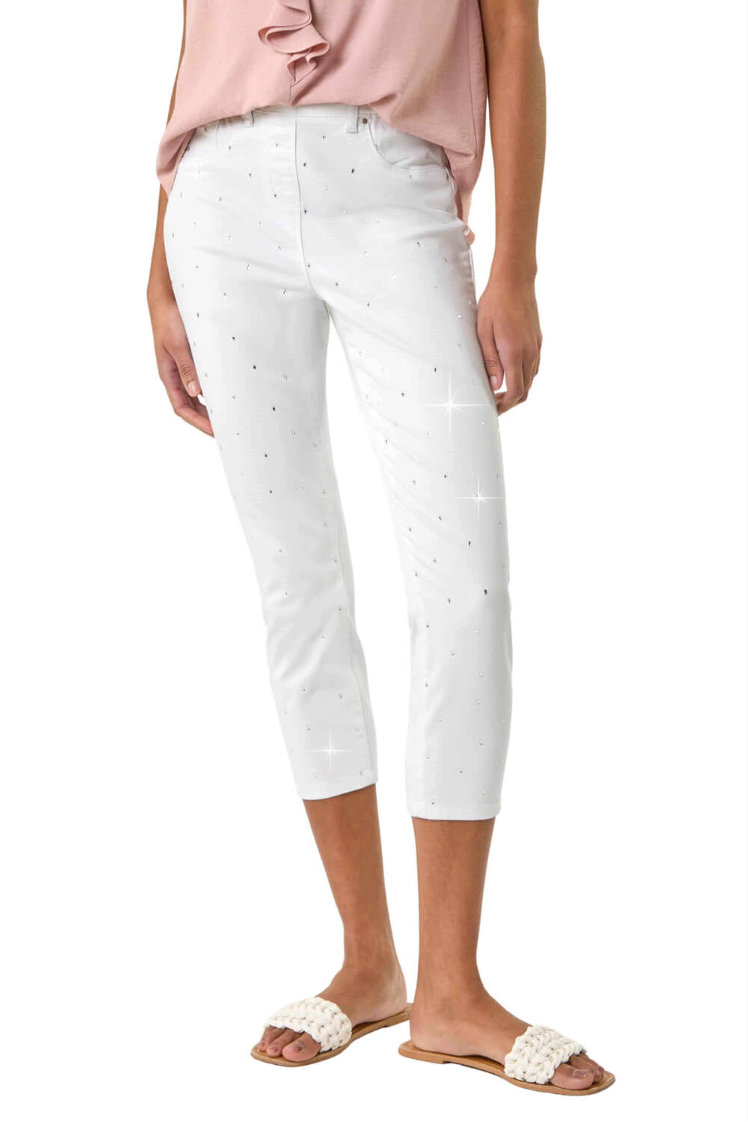 Roman Womens Embellished Cropped Stretch Jeggings - White - Size 10 UK | Roman Sale | Discount Designer Brands