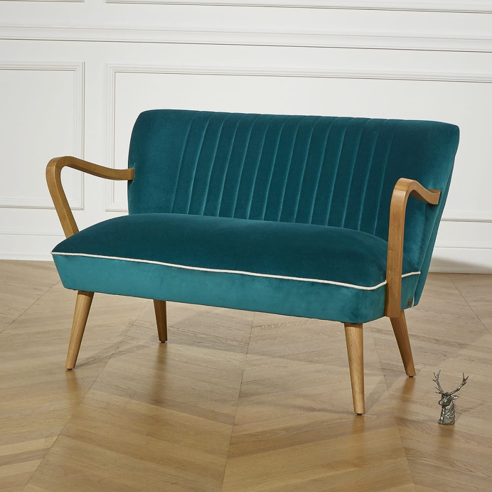 Banquette 2 places en hévéa et velours bleu canard