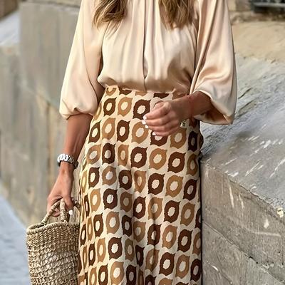 TEMU Women's High-waist Casual Polka Dot Midi Skirt - Relaxed Fit, For Spring/summer/fall, Beige & Brown/green/golden Patterns, Casual Attire Image