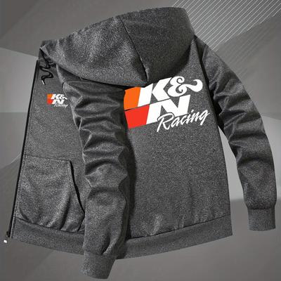"TEMU Men' Black Hooded Jacket With "k&n Racing" Print - Casual, Skinny Fit, Zip-up With Pockets, Fall & Winter, Winter Jacket|stylish Hooded Jacket|zippered Jacket" Image