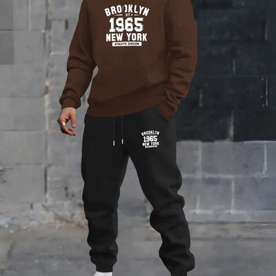 TEMU 2pcs Men's Casual Sportswear Set, 1965 New Print, Long Sleeve Hoodie And Sweatpants, Polyester Knit, Regular Fit, Stretch Fabric, Autumn/winter Collection Image