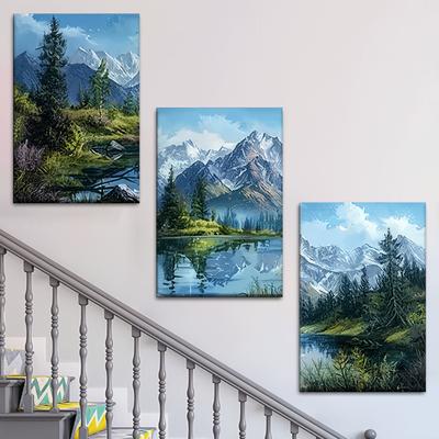 TEMU 3pcs Mountain & Lake Canvas Art Set - Unframed, Nature-inspired Wall Decor For Living Room, Office, Cafe - , No Power Needed - Ideal Gift For Birthdays, Holidays, Valentine's, Easter Image