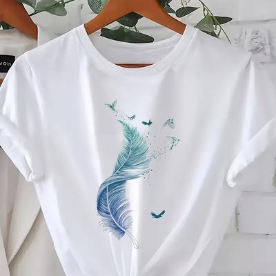 TEMU Women's Plus Size Casual T-shirt With Vibrant And Bird Print - Soft, Stretchy Fabric, Round Neck, Spring/summer Top, Casual Wear | Vibrant Print Top | , Plus Size Image