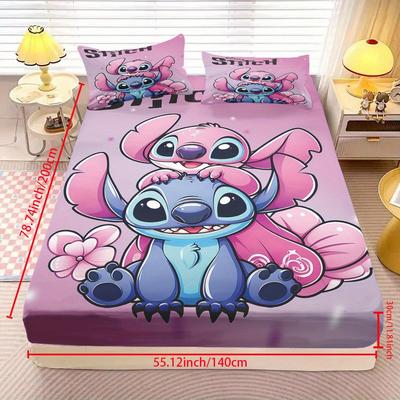 TEMU 3pcs Pink Theme Stitch Printed Fitted Sheet Set, 1*fitted Sheet + 2*covers, Suitable For Home Bedroom, , Dorm Decor Fitted Sheet Three-piece Bedding Protector Image