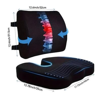 TEMU Adjustable Lumbar Support Pillow And Seat Cushion Set, Suitable For Office Chairs, Cars, And Wheelchairs, Machine Washable, Dyeing , Polyester Cover, No Battery Required, Black Image