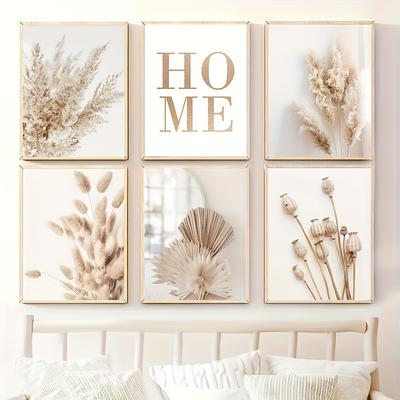 TEMU 6pcs Framed Canvas Poster, Beige Pampas Grass & Reed Painting, Canvas Wall Art, Artwork Wall Painting For Gift, Bedroom, Office, Living Room, Cafe, Bar, Wall Decor, Home And Dormitory Decoration Image