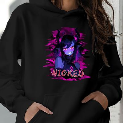 "TEMU Women's Casual Hooded Sweatshirt With "" Anime Print, Long Sleeve With Spacious Kangaroo Pocket, Soft Comfortable Polyester 100% Knit Fabric, Stretch, All - 200g/m²" Image