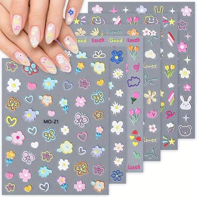 TEMU 6 Sheets Cute Flower & Bunny Nail Stickers - 5d Self-adhesive Decals, Spring Colorful Cartoon Floral Rabbit Designs For Diy Manicure, 2.83x3.58 Inch, Manicure Accessories, Embossed Texture Image