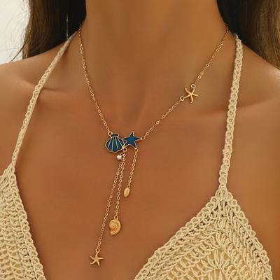 TEMU 1pc Bohemian Ocean-inspired Y-necklace With Pearl, Starfish & Seashell Pendants – Golden- Long Tassel Design For Women, Summer Vacations & Casual Attire Image