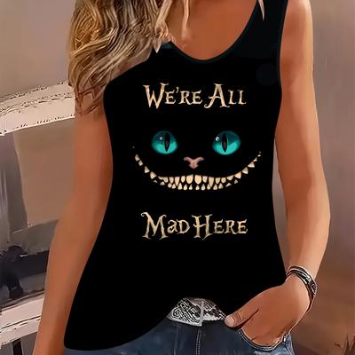 "TEMU Women's Casual Sleeveless Tank Top - Cheshire Eyes & "we' Mad Here" Print, Black Summer Graphic Tee, Round Neck, Machine Washable, Comfortable , , Nontransparent Fabric" Image