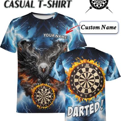 TEMU Custom Name Men's Crew Neck T-shirt - Darts Board & Lightning Bolt Graphic Print, Black Casual Short Sleeve Tee, Stretch Fit For Sports & Casual Attire, Team Uniforms, Tee Shirts Image