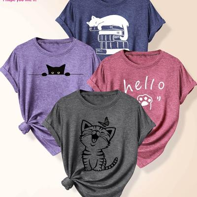 TEMU 4pcs Women's Casual Crew Neck Short Sleeve T-shirts With Cute Cat & Animal Prints, Medium Stretch Fabric, Vintage-inspired Summer Tops For Ladies - Spring/summer/fall, Ladies T Shirt Image