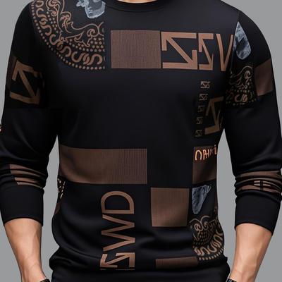 TEMU Men's Casual Long Sleeve Crewneck Sweatshirt - Graphic Print, Mid-stretch Fabric, Machine Washable, Regular Fit For Spring/autumn, For Him, , Stretchable Material Image