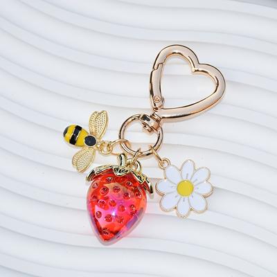 TEMU Y2k-inspired Alloy Keychain With , Bees, Strawberries, And Sunflowers - Durable, No Drilling, Ideal For Bags And Backpacks, Backpack Accessory| Design|durable Alloy Image