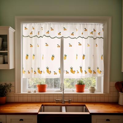 TEMU 1-set Modern Sheer Kitchen Curtain With Vibrant Pineapple & Leaf Embroidery - Double Layer Short Curtain For Living Room, Bedroom, Or Kitchen Partition - Polyester, Rod , Curtains For Living Roo Image