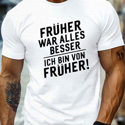 TEMU Everything Was Men's Plus Size Casual Crew Neck Short Sleeve T-shirt - Black With White German Text Print, , Regular Fit For Casual Attire, Vintage T Shirts, Summer Clothing, Relaxed Fit Tee, Image