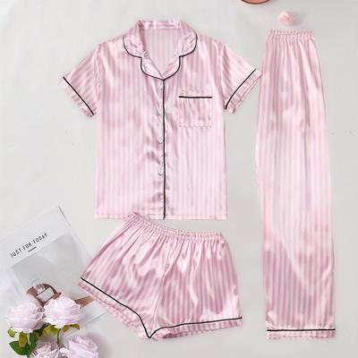TEMU 3pcs Striped Pajama Set For Teens, Short Sleeve Button-up Collared Top And Shorts With Long Pants, Comfortable Loose Fit, , Wear Image