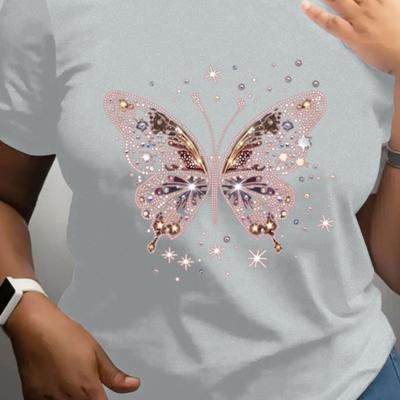 TEMU Women's Casual Short Sleeve T-shirt With Sparkling & - Loose Fit Breathable Top, Medium Stretch, Machine Washable For Spring/summer Casual Attire Image