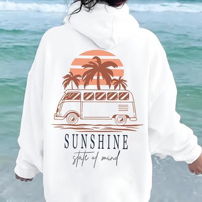 "TEMU Women's " " Beach Van Graphic Hoodie - Casual Long Sleeve White Pullover With Kangaroo Pocket, Drawstring Hood, And Palm" Image