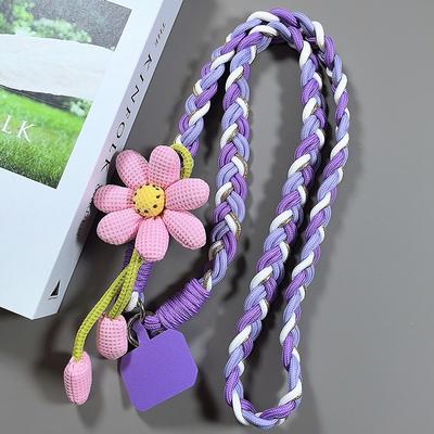 Cute Braided Phone Lanyard Strap with Plush Flower Charm – Soft Neck Rope for Phone Case