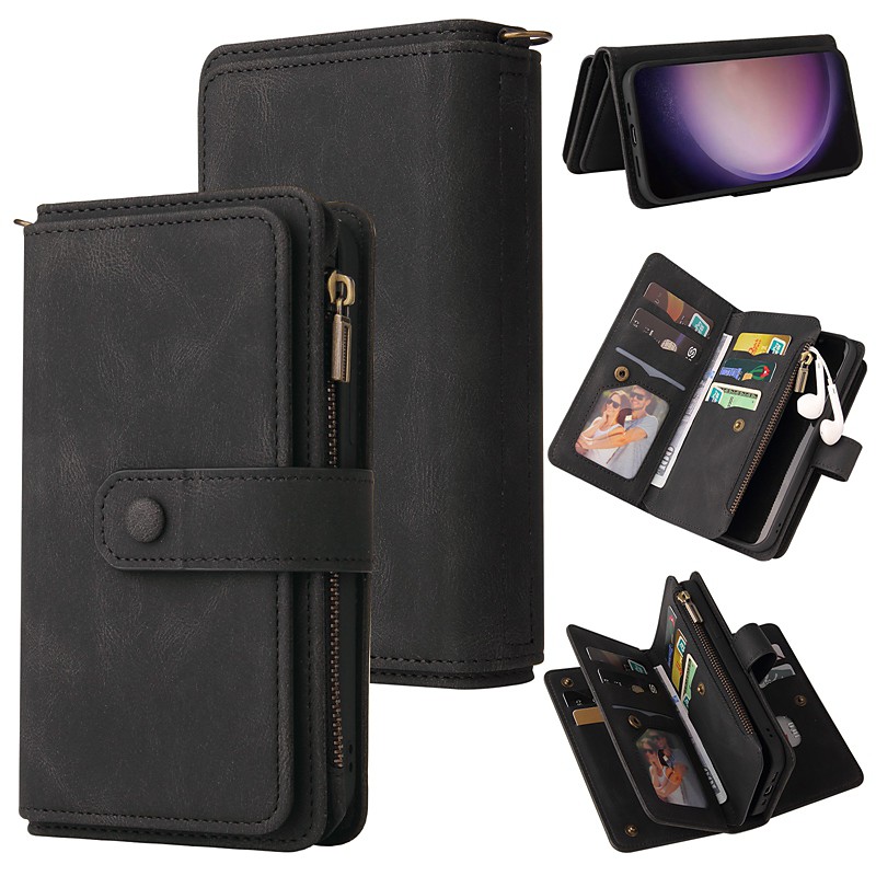 Phone Case For Samsung Galaxy S26 Ultra Plus S25 S24 S23 S22 S23 FE S21 Ultra Plus S20 A55 5G A35 5G Wallet Case Zipper Full Body Protective with Wrist Strap Retro TPU PU Leather