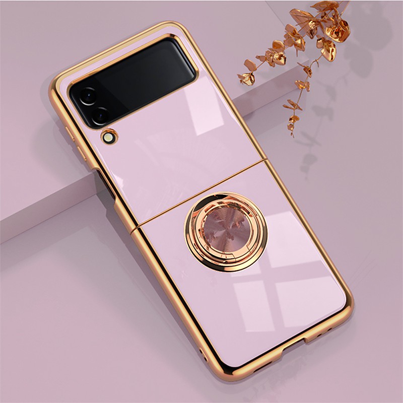 Phone Case For Samsung Galaxy Z Flip 7 Z Flip 6 Z Flip 5 Z Flip 4 Z Flip 3 Back Cover Plating Ring Holder Magnetic Solid Colored TPU