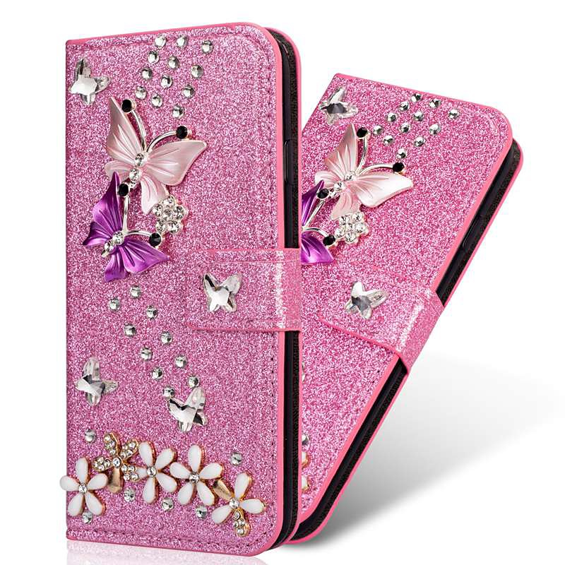 Phone Case For Samsung Galaxy S26 Ultra Plus S25 S24 S23 S22 S21 FE S21 Ultra Plus S20 A55 5G A35 5G Wallet Case Rhinestone Magnetic Glitter Shine Butterfly Glitter Shine PU Leather