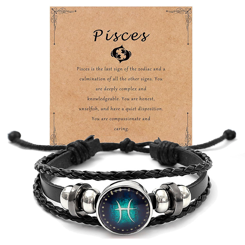 Multilayer Constellation Zodiac Leather Bracelet Handmade Woven Zodiac Sign Wrap Bracelet Wristband for Women Men Jewelry Birthday Gift Christmas Gift
