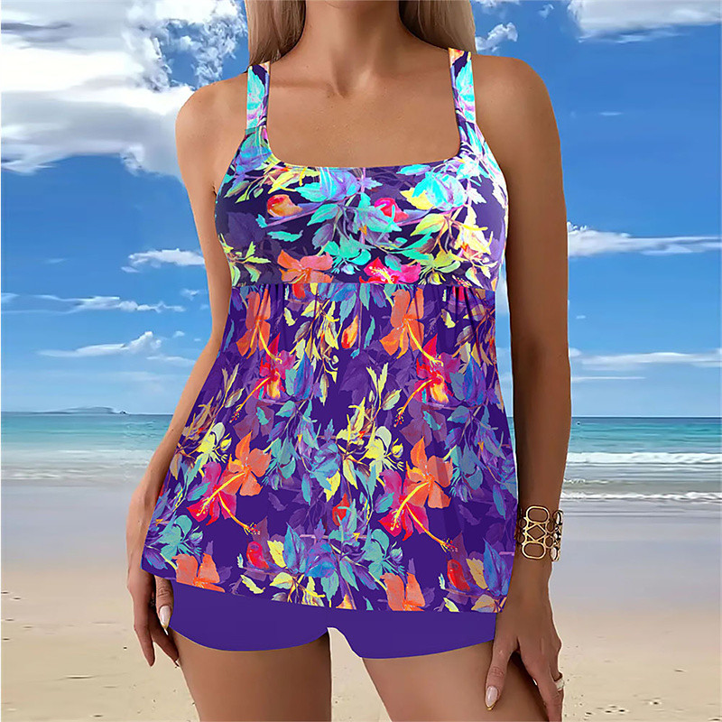 Women's Tankini Two Piece Swimsuit Swimwear Floral Swimwear Black Blue Breathable Quick Dry Lightweight Sleeveless - Swimming Surfing Beach Summer Spring Plus Size