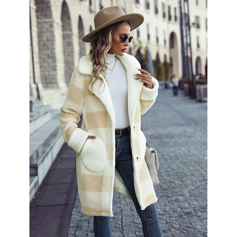 Women's Coat Warm Breathable Buttons Fashion Modern Plaid Work Casual Single Breasted Long Turndown Loose Fit Long Sleeve Outerwear White Fall Winter