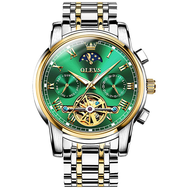 OLEVS Men Mechanical Watch Calendar Luxury Waterproof Fashion Automatic Self-winding Moon phase Luminous Stainless Steel Strap Watch