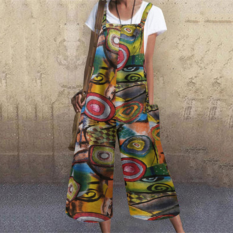 Women's Faux Cotton Linen Wide Leg Bib Tights Jumpsuit Fashion Streetwear Comfort Calf-Length Mid Waist Floral Pocket Comfy Outdoor Comfortable Street Daily Wear Going out Blue Yellow Light Green Red