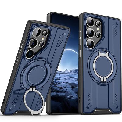 Phone Case For Apple AirTag S25 S25 Edge S24 S24 FE S23 Ultra Plus S22 A16 A35 5G Back Cover Magnetic Adsorption with Stand Holder Magnetic Anti peep Geometric Pattern TPU PC Metal