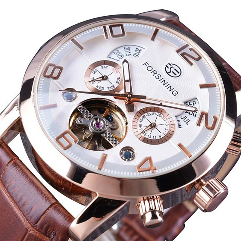 FORSINING Men Mechanical Watch Luxury Large Dial Fashion Business Calendar Date Date Week Leather Watch