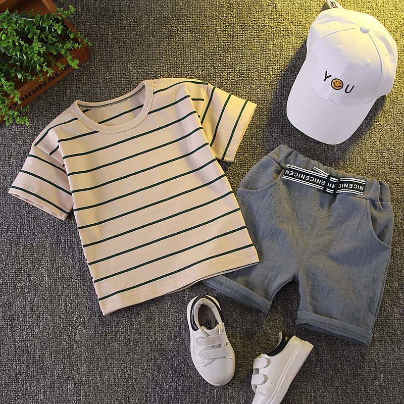 Boys' Summer Clothing Children's Short sleeved Set Summer New Children's Boys and Babies Fashion Stripe Polo Shirt Two piece Set Trendy