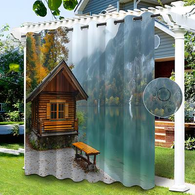 Waterproof Outdoor Curtain Privacy, Sliding Patio Curtain Drapes, Pergola Curtains Grommet 3D Lake Side House for Gazebo, Balcony, Porch, Party, 1 Panel