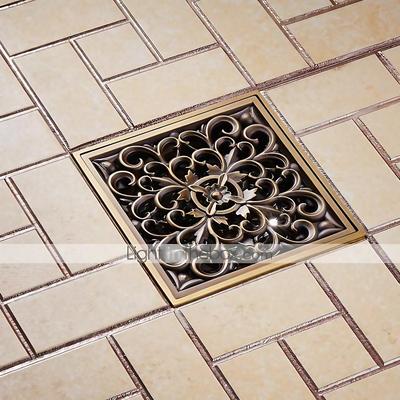 10cm Brass Bathroom Floor Drain, Art Carved Flower Pattern Square Shower Sink Drain Strainer Cover Grate Drain with Removable Cover for Hotel Home