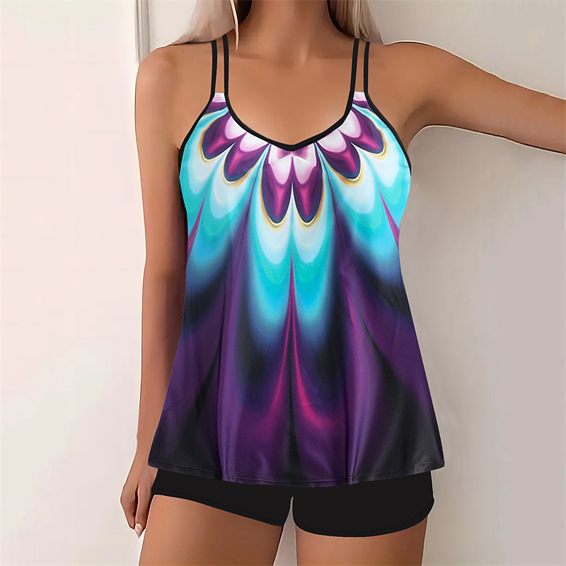 Women's Tankini Two Piece Swimsuit Swimwear Swimwear Yellow Blue Quick Dry Lightweight Breathable Sleeveless - Surfing Beach Swimming Summer Spring Plus Size