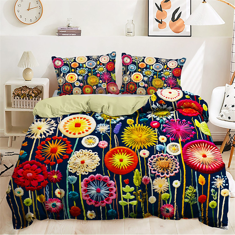 Floral Quilt Art Pattern Duvet Cover Set Comforter Set Soft 3-Piece Luxury Cotton Bedding Set Home Decor Gift King Queen Full Size