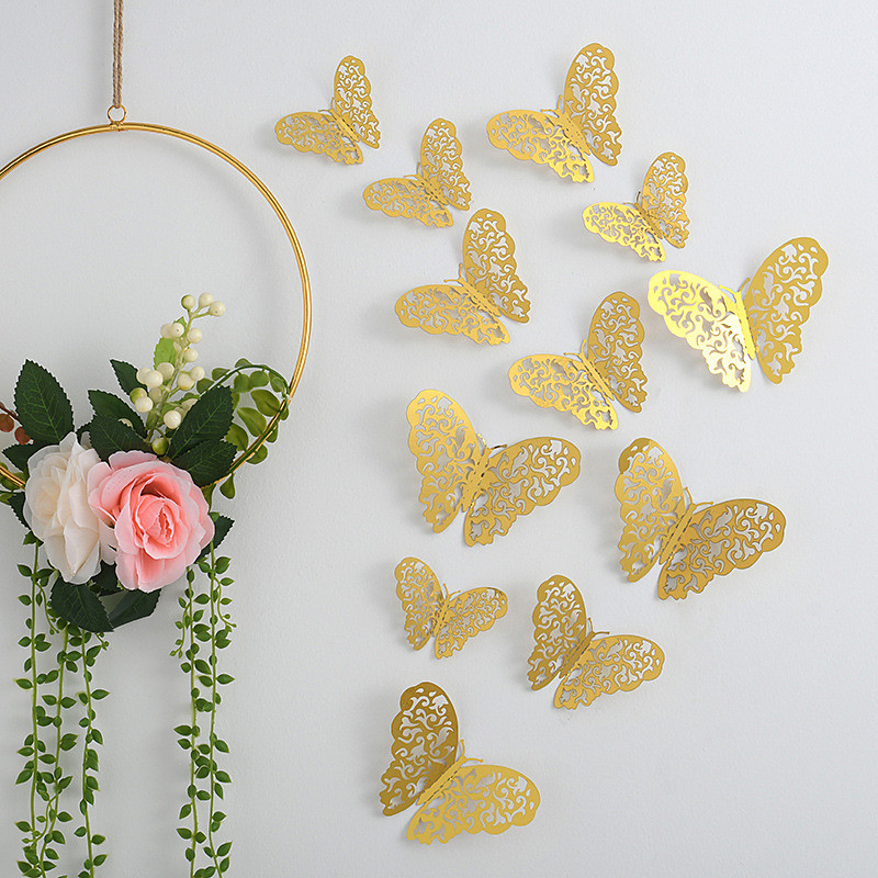 12pcs Golden Butterfly Decorations - 3D Wall Art for Parties, Crafts, and Baby Showers - Easy to Apply Stickers for Beautiful and Elegant Decor