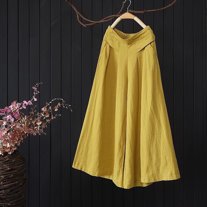 Women's Wide Leg Linen Pants Pants Trousers Fashion Full Length Plain Wide Leg Breathability Comfortable Inelastic Casual Daily Black White Yellow Spring Fall