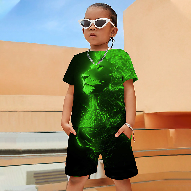 Boys 3D Graphic Animal Lion T-shirt Shorts T-shirtSet Clothing Set Short Sleeve 3D prints Summer Spring Active Sports Fashion Polyester Kids 4-12 Years Outdoor Street Vacation Regular Fit