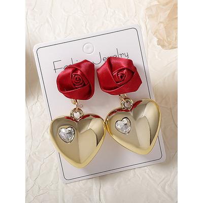 Women's Romantic Rose and Heart Drop Earrings, Red Satin Flower with Gold-Tone Heart Design, Statement Jewelry for Weddings, Valentine's Day Gift, and Special Occasions