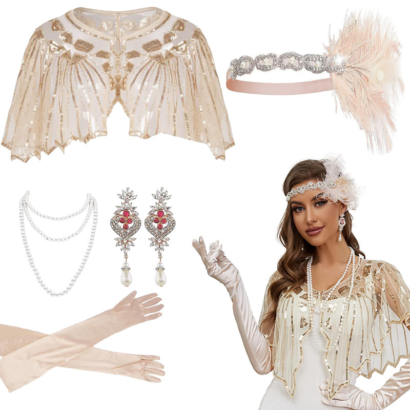 Elegant Vintage 1920s Accesories Set Flapper Shawls The Great Gatsby Wedding Guest Feather Beads Fancy Dress Women's New Year Masquerade Performance Wedding Reception Bachelorette Party Adults' Shawl
