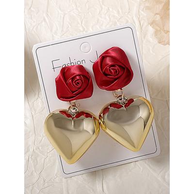 Women's Romantic Rose and Heart Drop Earrings, Red Satin Flower with Gold-Tone Heart Design, Statement Jewelry for Weddings, Valentine's Day Gift, and Special Occasions