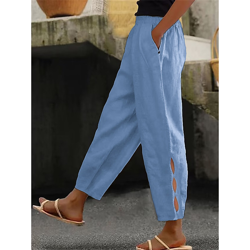 Women's Cotton Blend Chinos Fashion Streetwear Ankle-Length High Waist Plain Pocket Elastic Waistband Comfy Soft Comfortable Micro-elastic Outdoor Street dark brown Deep Green Wine Robin's Egg Blue