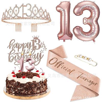 Birthday Party Rose Gold Deluxe 6-Piece Set - Balloon Numbers (10-80), Tiara, Sash, Cake Candles, Cake Topper - for Girls Women