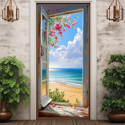 Window View Beach Door Covers Mural Decor Door Tapestry Door Curtain Decoration Backdrop Door Banner Removable for Front Door Indoor Outdoor Home Room Decoration Farmhouse Decor Supplies