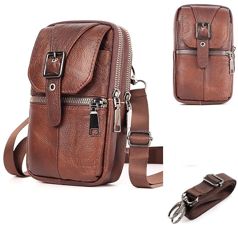 Men's Multi Functional Genuine Leather Shoulder Bag Cell Phone Crossbody Purse Phone Holster Case Leather Belt Waist Pouch Small Messenger Bag